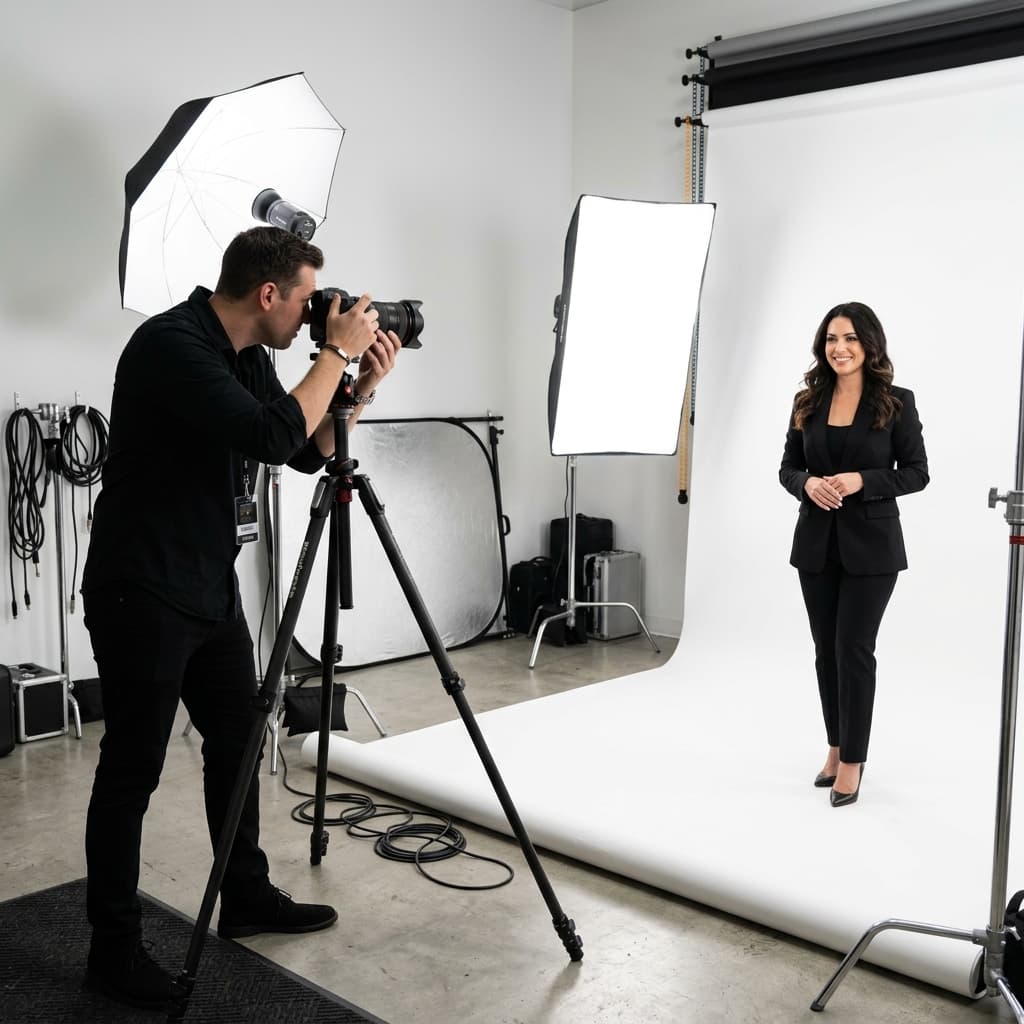 Fotografer memotret pengunjung di studio dengan pencahayaan profesional